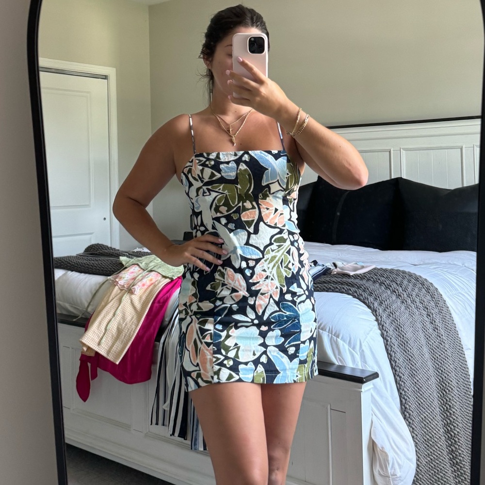 Lulus Navy Print Linen Dress